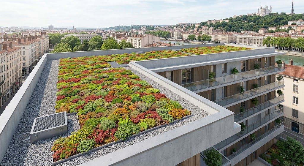 Illustration d'une toiture-terrasse végétalisée extensive sur un immeuble à Lyon